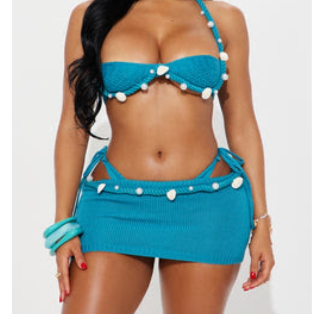 Teal Shell-Embellished Bikini Set